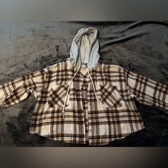 No Boundaries Cropped Plaid Brown Button Lightweight Jacket Size XXL(junior) - Picture 1 of 16